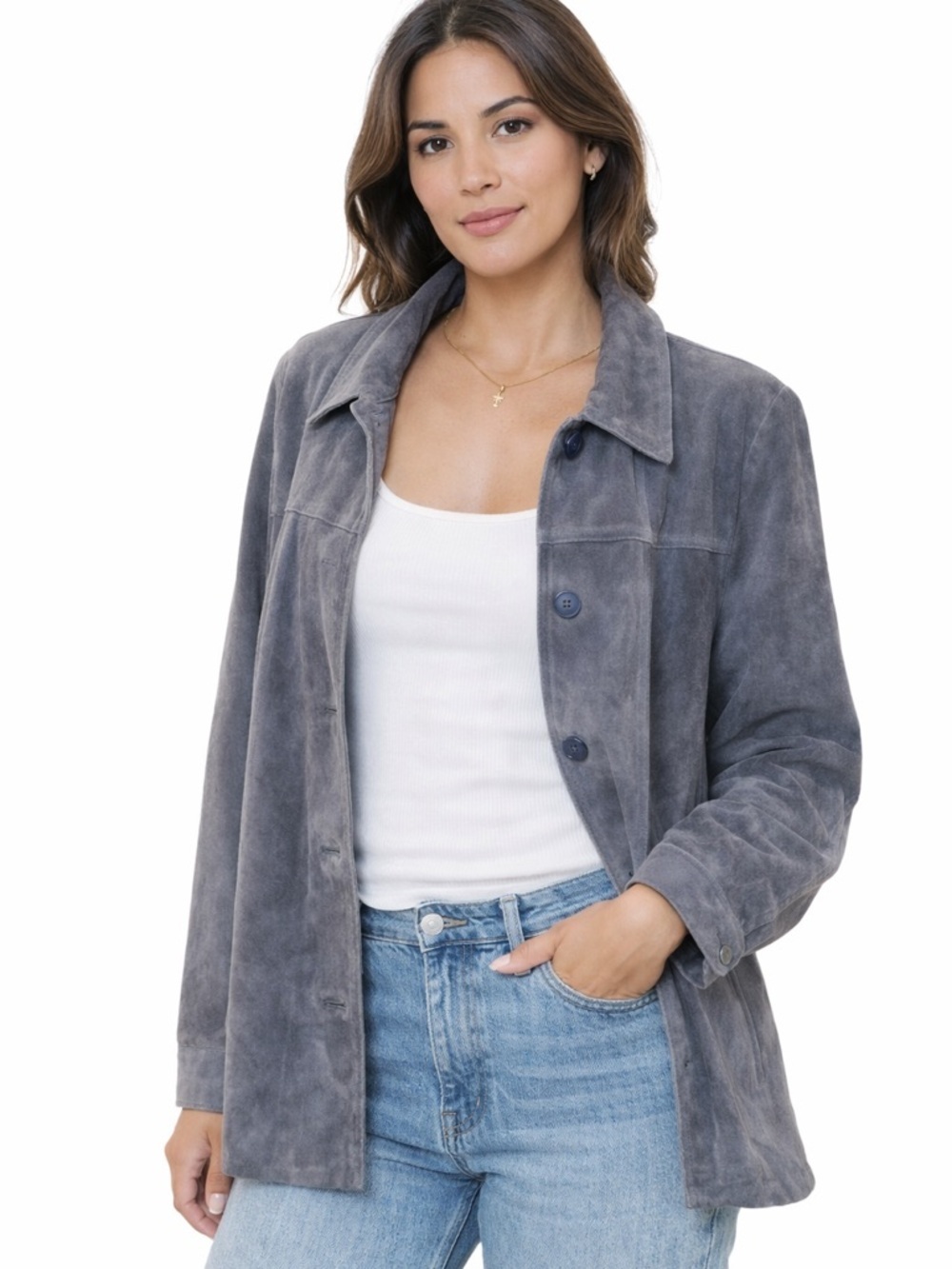 Atilier by 98. Thomas Women's Suede Button-Front Jacket Barn Coat, Blue/Gray, M
